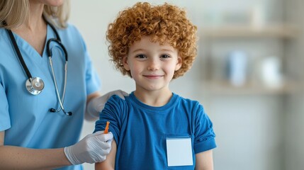 A cheerful child receiving a vaccination from a healthcare professional, promoting health and wellness in a clinical setting.