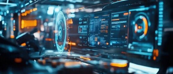 Obraz premium Futuristic control panel with glowing screens and data displays.