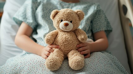 Fototapeta premium A child holds a soft teddy bear while sitting on a hospital bed, conveying comfort and warmth during a difficult time.
