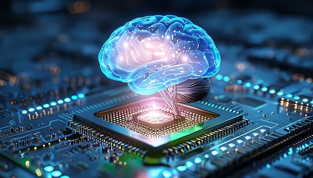 glowing brain emerging from a digital processor symbolizing ai evolution