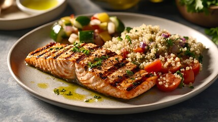A heart-healthy meal of grilled salmon, quinoa, and a side of vegetables drizzled with heart-healthy oil, served on a plate 