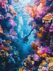Fototapeta premium Capture the exhilarating moment of a deep sea diver discovering a vibrant coral reef Show the divers awe and wonder up close