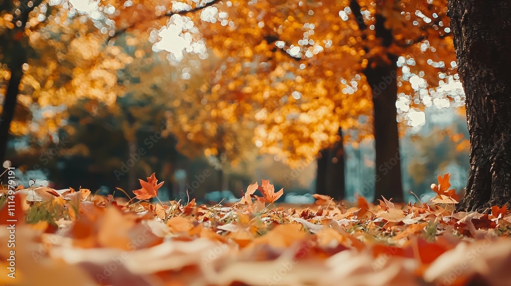 Poster a picturesque view captures orange-hued trees standing majestically above the soft green grass, whil