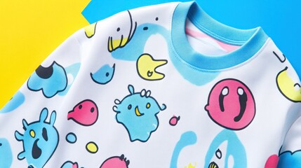 Fototapeta premium A colorful sweatshirt featuring playful, cartoon-like creatures on a vibrant background.