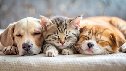Cat and dog sleeping. Puppy and kitten sleep