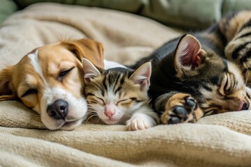 Cat and dog sleeping. Puppy and kitten sleep