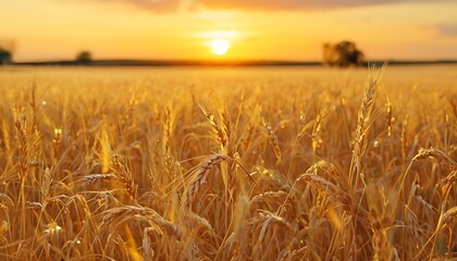 Naklejka premium harvest field with golden wheat and sunset
