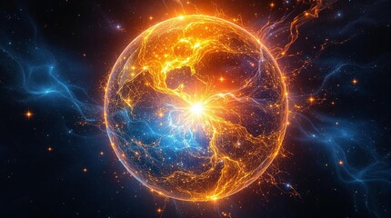 Obraz premium Vibrant cosmic energy sphere with fiery and electric sparks in space