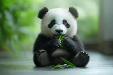 Obraz premium A calm panda sitting, eating bamboo, in the center of a pure white background, soft minimalistic shading
