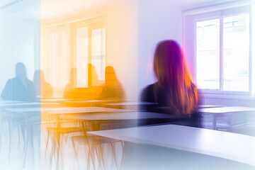 Teacher Speaking in a Minimalistic White Classroom with Artistic Motion Blur and Aura Effects