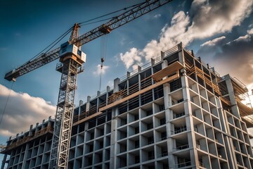 Crane and building construction site against blue sky