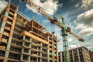 Crane and building construction site against blue sky