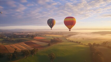 Obraz premium breathtaking scene of hot air balloons floating majestically over a quilted landscape of farmland, with vivid colors and soft clouds, giving a whimsical and serene feel to the countryside