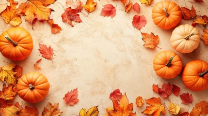 Fototapeta premium bright orange pumpkins and vibrant autumn leaves artfully arranged on a soft beige background, capturing the essence of fall with a warm, inviting palette