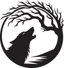 Obraz premium A howling wolf framed by an arched tree branch black vector silhouette