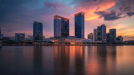 Fototapeta premium City skyline at sunset over tranquil waters showcasing modern architecture