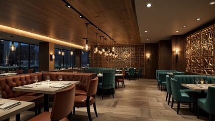 Upscale restaurant interior with teal and brown booths, wood floors, and decorative wall.