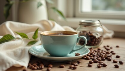 Obraz premium Relaxing coffee moment at home indoor still life cozy atmosphere casual setting warm vibes
