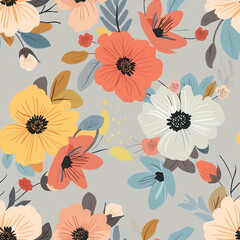 Fototapeta premium Colorful Flowers on Gray Background Seamless Pattern