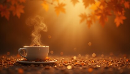 Close-up coffee comfort embracing autumn's natural serenity