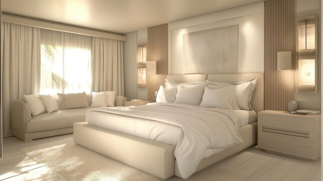 cozy modern bedroom adorned with plush pillows in cream and white, bathed in soft natural light, inviting a sense of serenity and relaxation