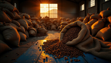 Obraz premium Harvesting coffee beans warehouse photography sunrise close-up agricultural beauty