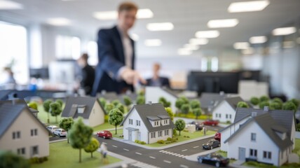 Obraz premium A model of a residential area displayed in an office, with a professional in the background.