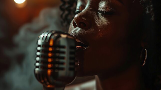 Closeup of a singers emotive expression as they perform into a highend studio microphone  ,close-up