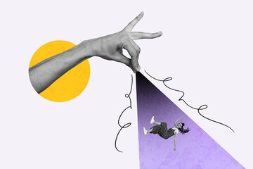 Composite photo collage of happy american girl fall ufo beam light hand imitation spaceship fingers isolated on painted background