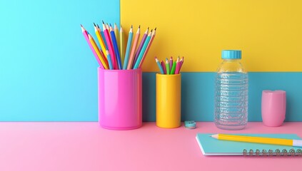 Fototapeta premium Colorful Pencils in Holders, Yellow Pencil & Notebook, Water Bottle on Desk; Creative Art Supplies, Back to School