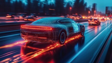 Naklejka premium Futuristic Electric Car on a Neon Highway at Dusk Showcasing Autonomous Driving Technology and Dynamic Motion