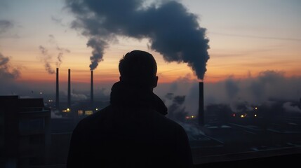 dense smoke rising from industrial chimneys in an urban landscape at dawn, casting a silhouette against a foggy, muted sky. reflective of industrial impact and somber mood