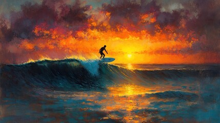 A surfer rides a wave at sunset, capturing the beauty of nature and leisure.