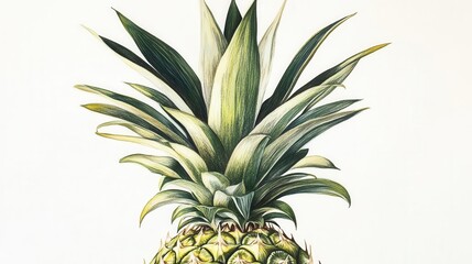 Obraz premium detailed, vibrant illustration of a pineapple, highlighting its spiky textured skin and lush green crown, set against a crisp white backdrop
