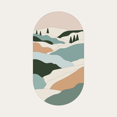 Vector illustration. An oval composition with a landscape consisting of wavy lines and pastel shades of green, beige and blue, creating a calm atmosphere of nature. © NelaRov