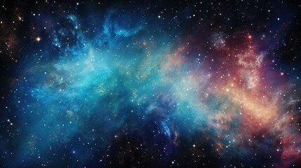 Naklejka premium A wide-angle shot of a galaxy cluster with bright stars and cosmic dust creating a colorful and dynamic space environment