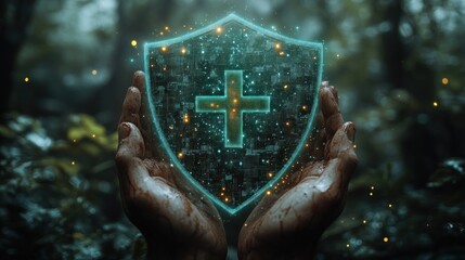 Fototapeta premium Bloody hands cradle a glowing shield with a cross, symbolizing faith and protection in a dark forest.
