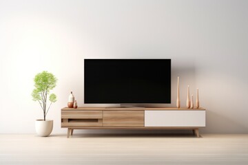 Cozy living room scene featuring a modern flat-screen TV mounted on a wall with a sleek entertainment unit below, isolated on white background