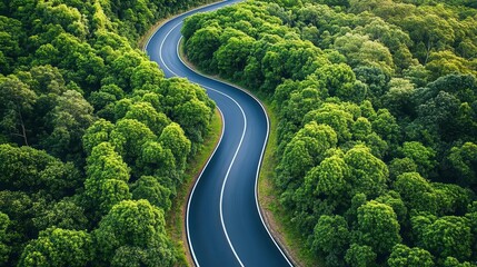 Fototapeta premium drone view of symmetrically aligned pine trees lining a winding road, showcasing the intricate patterns created by nature and the contrast between greenery and the asphalt