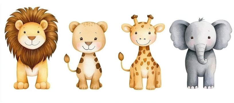 minimal photostock of a  Lion, giraffe, elephant, cute tropical animals