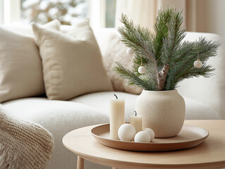 A minimalist Christmas decoration with pine branches in a modern vase and candles on a wooden tray in a cozy Scandinavian-style living room.