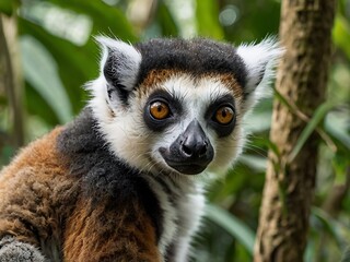 Obraz premium Red fronted lemur portrait in lush green foliage
