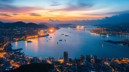 Naklejka premium Vibrant sunset over Hong Kong harbor with city lights and festive fireworks display