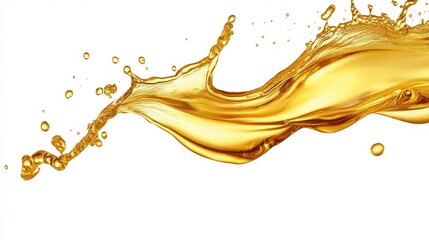 dynamic splash of golden oil captured mid-air on a pure white background, highlighting the fluidity and richness of the liquid, suitable for cosmetic or culinary themes