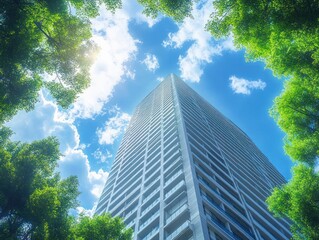 Obraz premium Modern Skyscraper Lush Green Foreground Bright Sunlight Dramatic Shadows Blue Sky