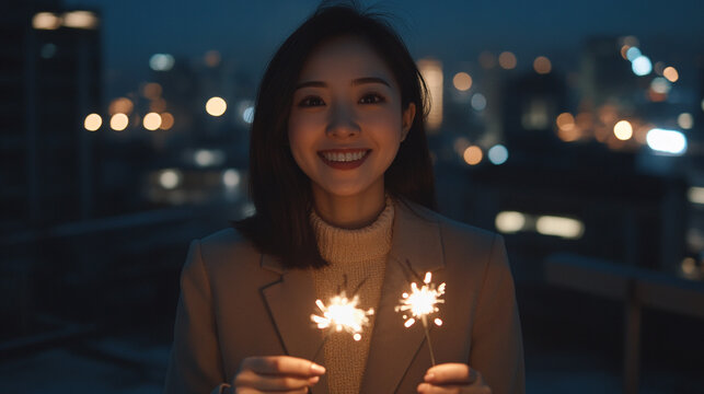 Joyful woman celebrates at night with sparklers in a city backdrop