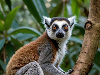 Naklejka premium Red fronted lemur perched on a tree branch