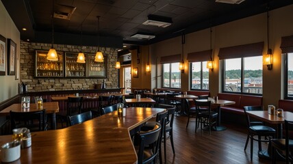Spacious, upscale dining room with warm lighting and wood accents.  Multiple tables and booths offer seating for many patrons.  Large windows provide city views.  Modern, rustic d?cor.