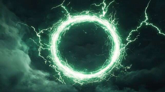 electric green lightning forms a glowing circular frame, suggesting a powerful portal with bold plasma energy and futuristic vibes