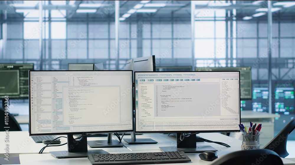 Poster computers in empty high tech data center establishment monitoring hardware energy consumption. pc mo